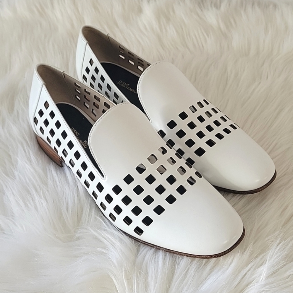 Diane Von Furtenberg white leather laser-cut accents loafers women's size 6.5